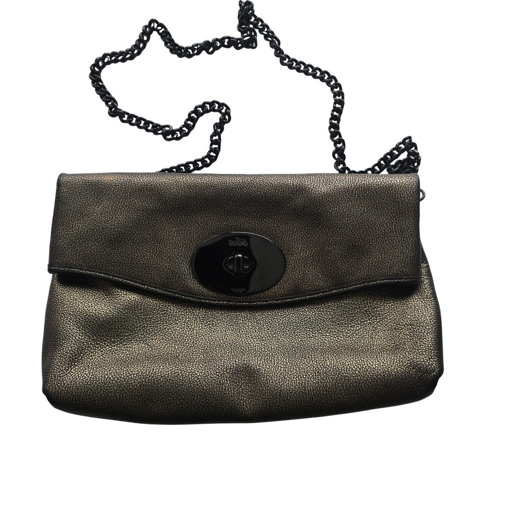 Coach Metallic Bronze Pebbled Leather Crossbody Bag Black Chain Turnlock Closure